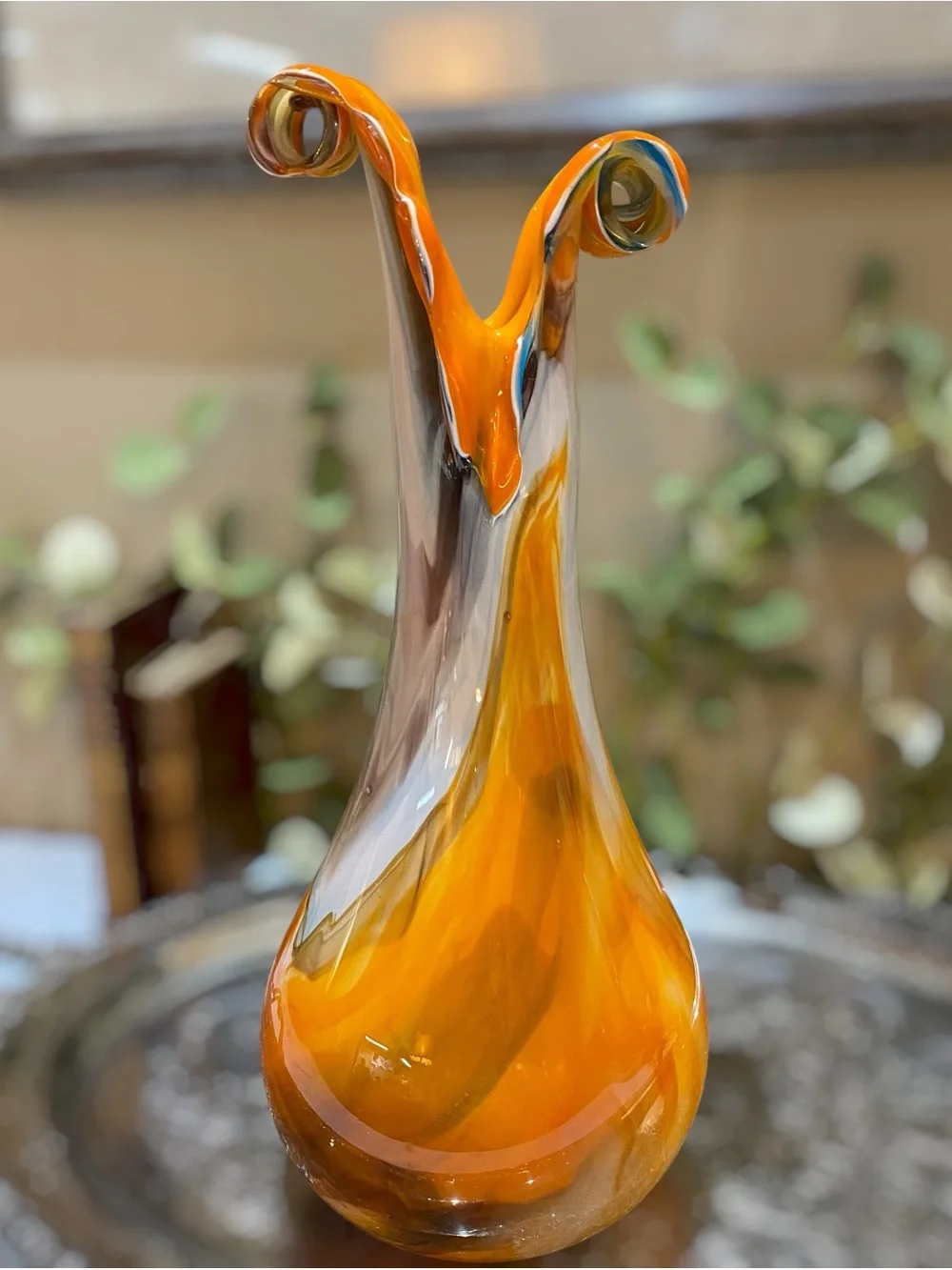 Vintage Murino Large 15” Hand Blown Art Glass Vase Fantastic Curled Rim Orange